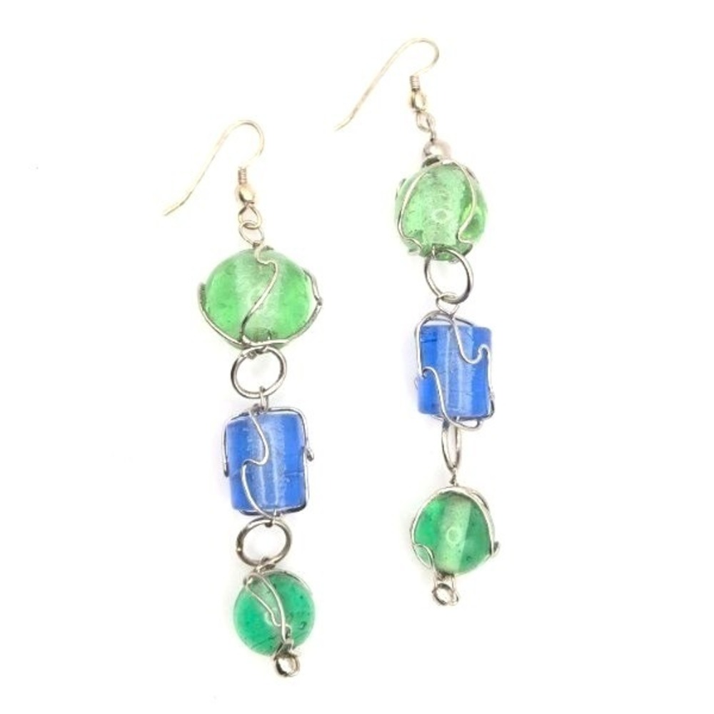 Dangle Drop Earrings Green Blue Handblown Glass Beads Statement Fashion Jewelry